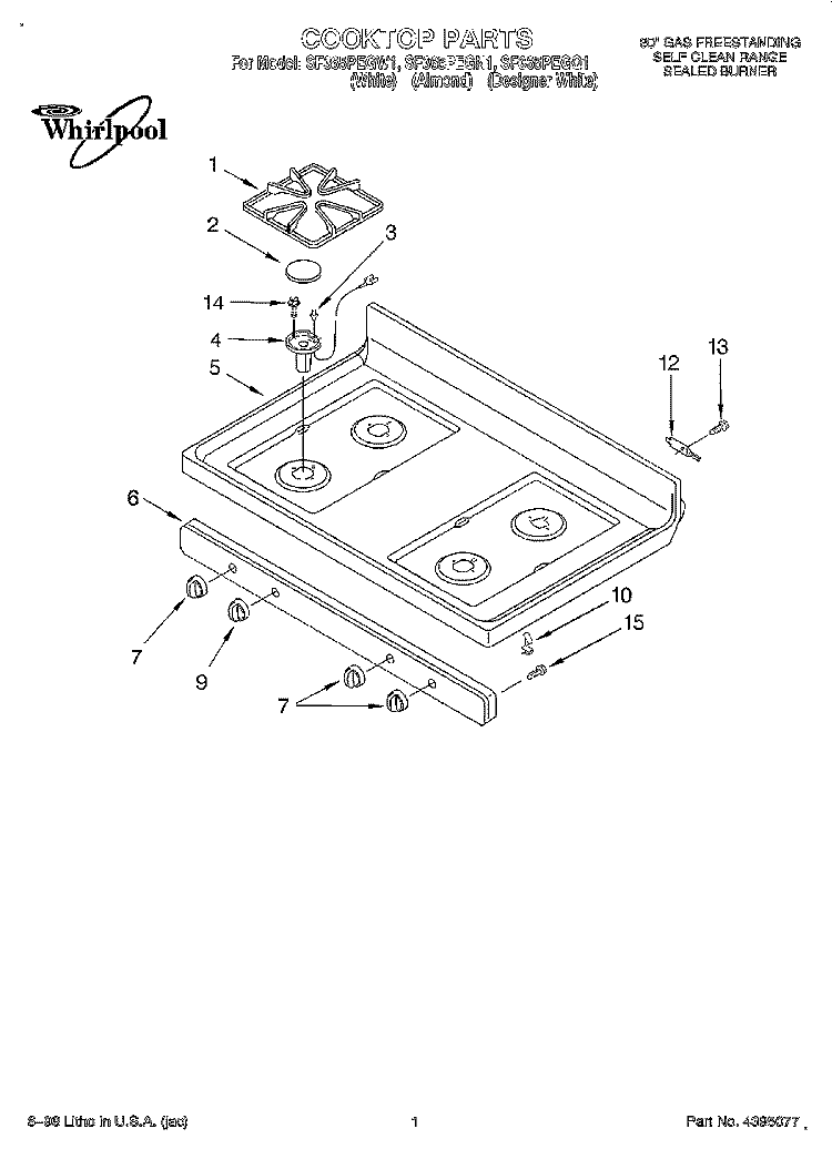 COOKTOP Diagram and Parts List for SF365PEGN1  Whirlpool Range