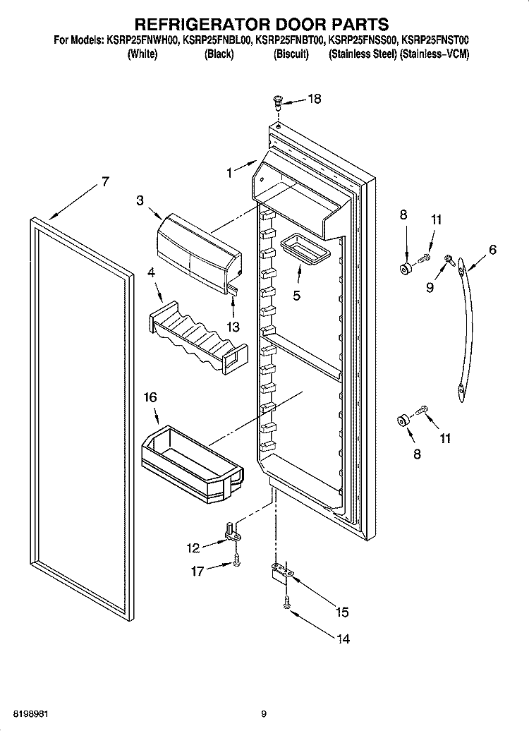 REFRIGERATOR DOOR PARTS Diagram and Parts List for KSRP25FNBT00  KitchenAid Refrigerator