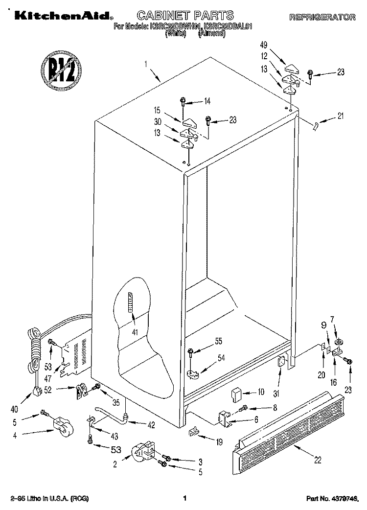 CABINET Diagram and Parts List for KSRC22DBWH01  KitchenAid Refrigerator