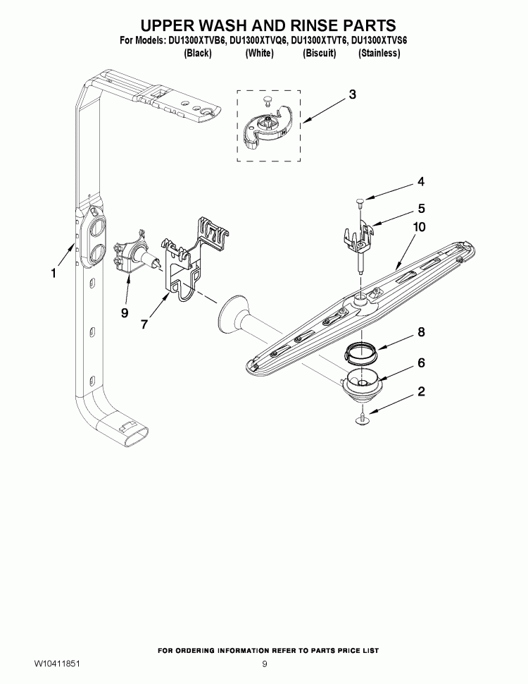 UPPER WASH AND RINSE PARTS Diagram and Parts List for DU1300XTVQ6  Whirlpool Dishwasher