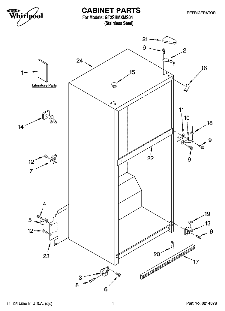 CABINET PARTS Diagram and Parts List for GT2SHMXMS04  Whirlpool Refrigerator