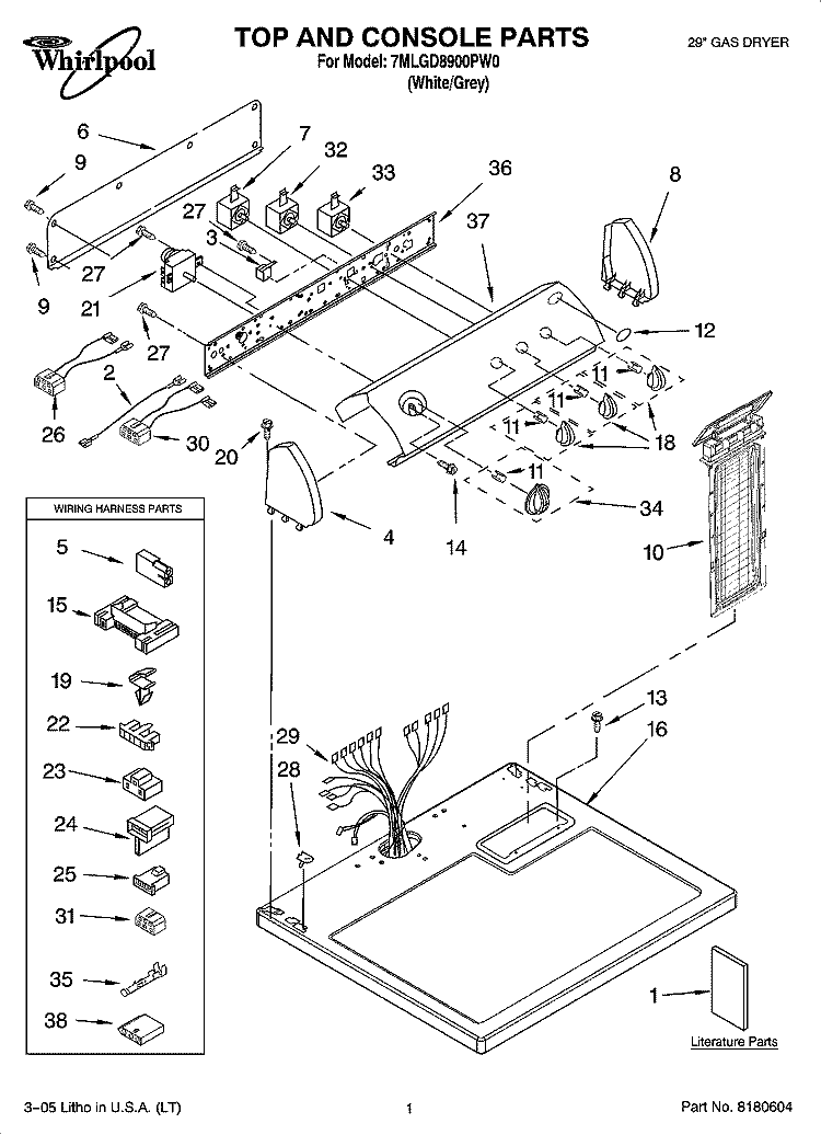 TOP AND CONSOLE PARTS Diagram and Parts List for 7MLGD8900PW0  Whirlpool Dryer