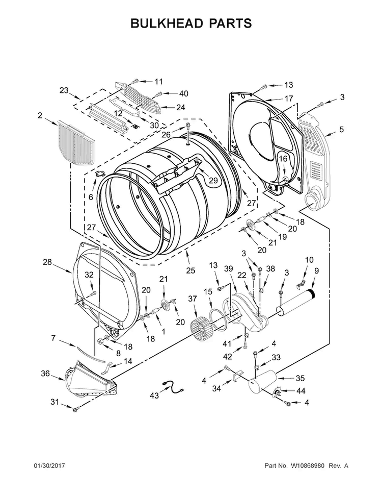 Bulkhead Parts Diagram and Parts List for CGM2795FQ0  Whirlpool Dryer