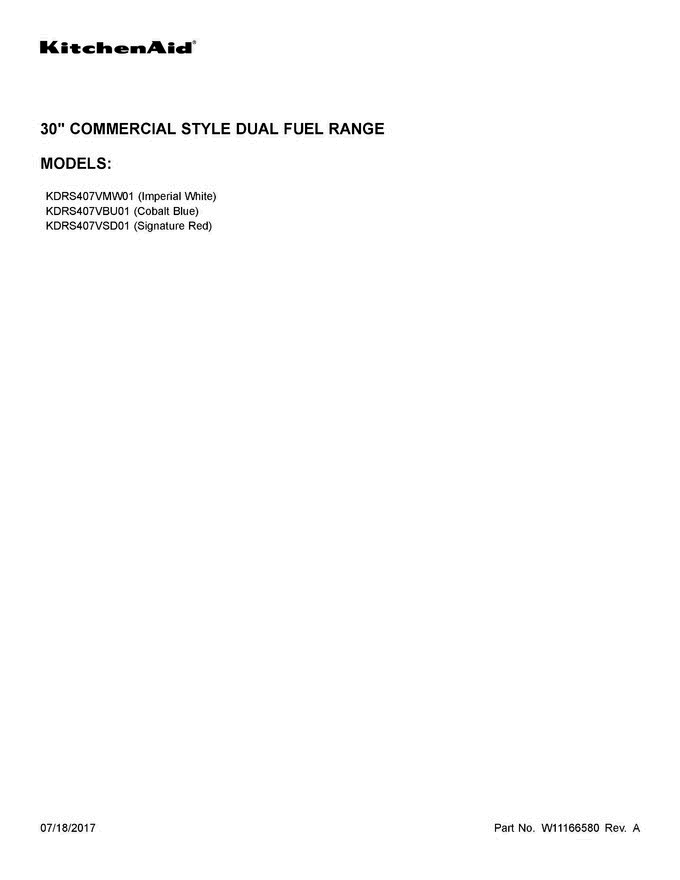 01 - Cover Sheet Diagram and Parts List for KDRS407VBU01  KitchenAid Range