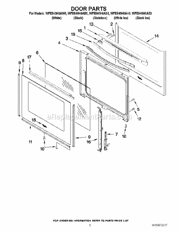 Door Parts Diagram and Parts List for WFE540H0AE0  Whirlpool Range