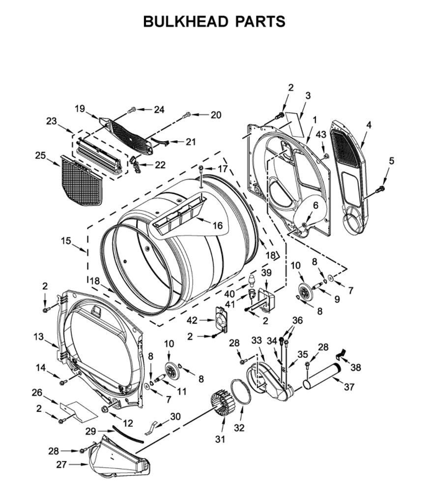 Bulkhead Parts Diagram and Parts List for YWED5100HW0  Whirlpool Dryer