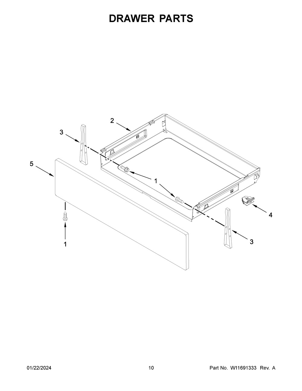 Drawer Parts Diagram and Parts List for WFE550S0LZ3  Whirlpool Range