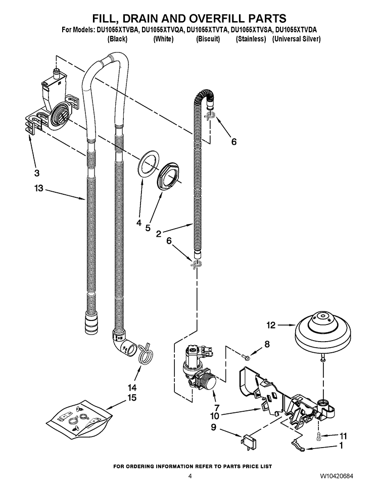 FILL, DRAIN AND OVERFILL PARTS Diagram and Parts List for DU1055XTVDA  Whirlpool Dishwasher