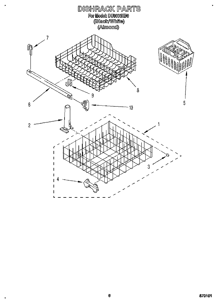 DISHRACK Diagram and Parts List for DU8000XB0  Whirlpool Dishwasher