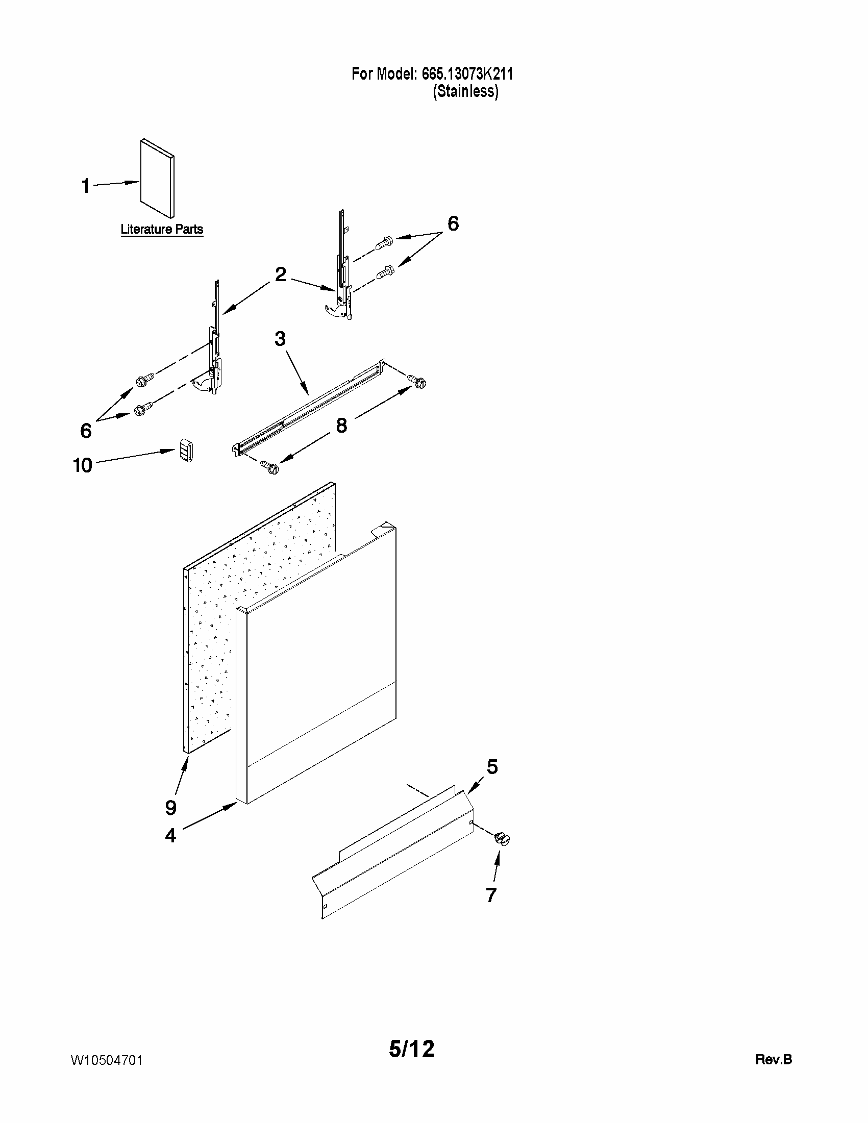 Door And Panel Parts Diagram and Parts List for 66513073K211  Kenmore Dishwasher
