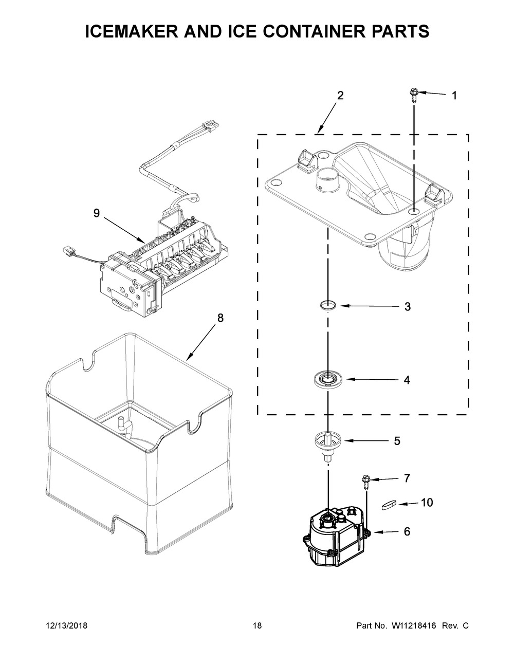 Icemaker And Ice Container Parts Diagram and Parts List for WRF757SDHV00  Whirlpool Refrigerator