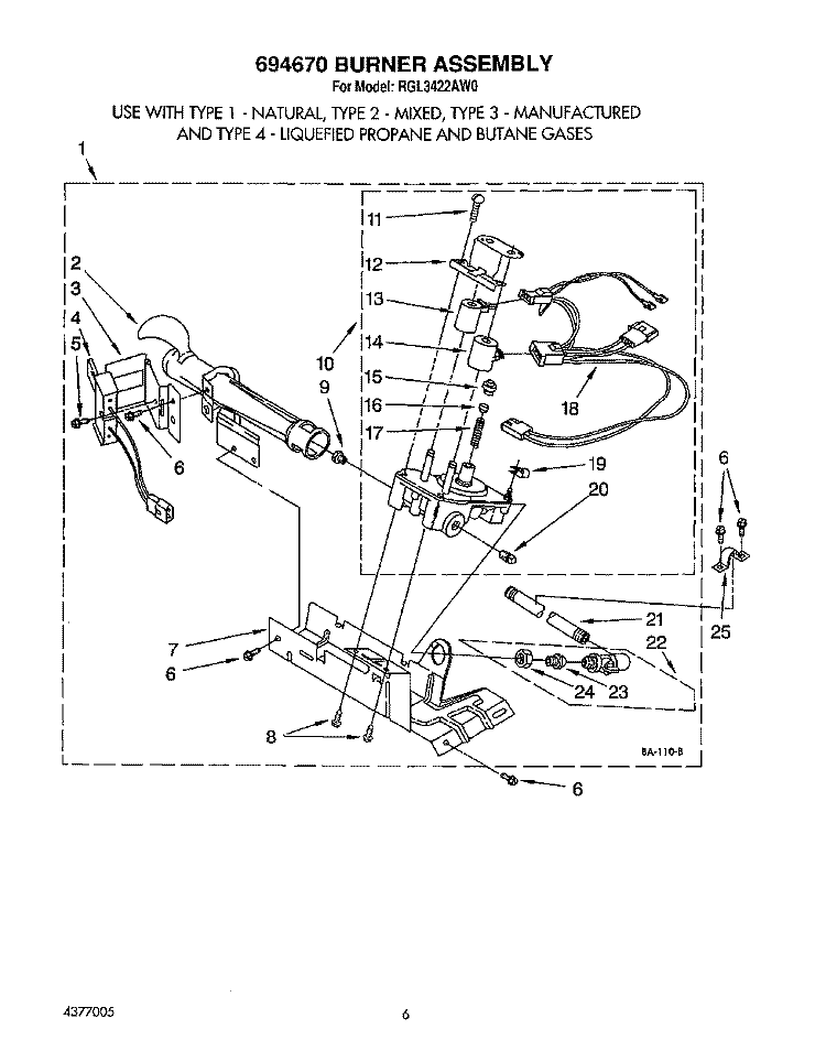 694670 BURNER ASSEMBLY Diagram and Parts List for RGL3422AL0  Roper Dryer