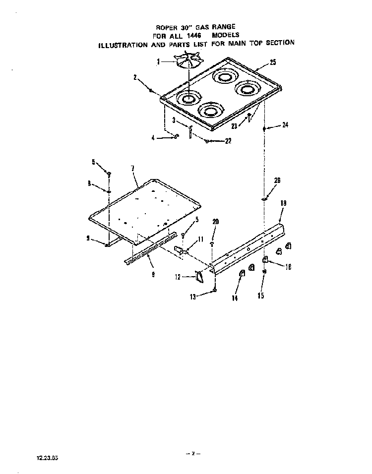 Main Top Diagram and Parts List for 1446*1A  Roper Range