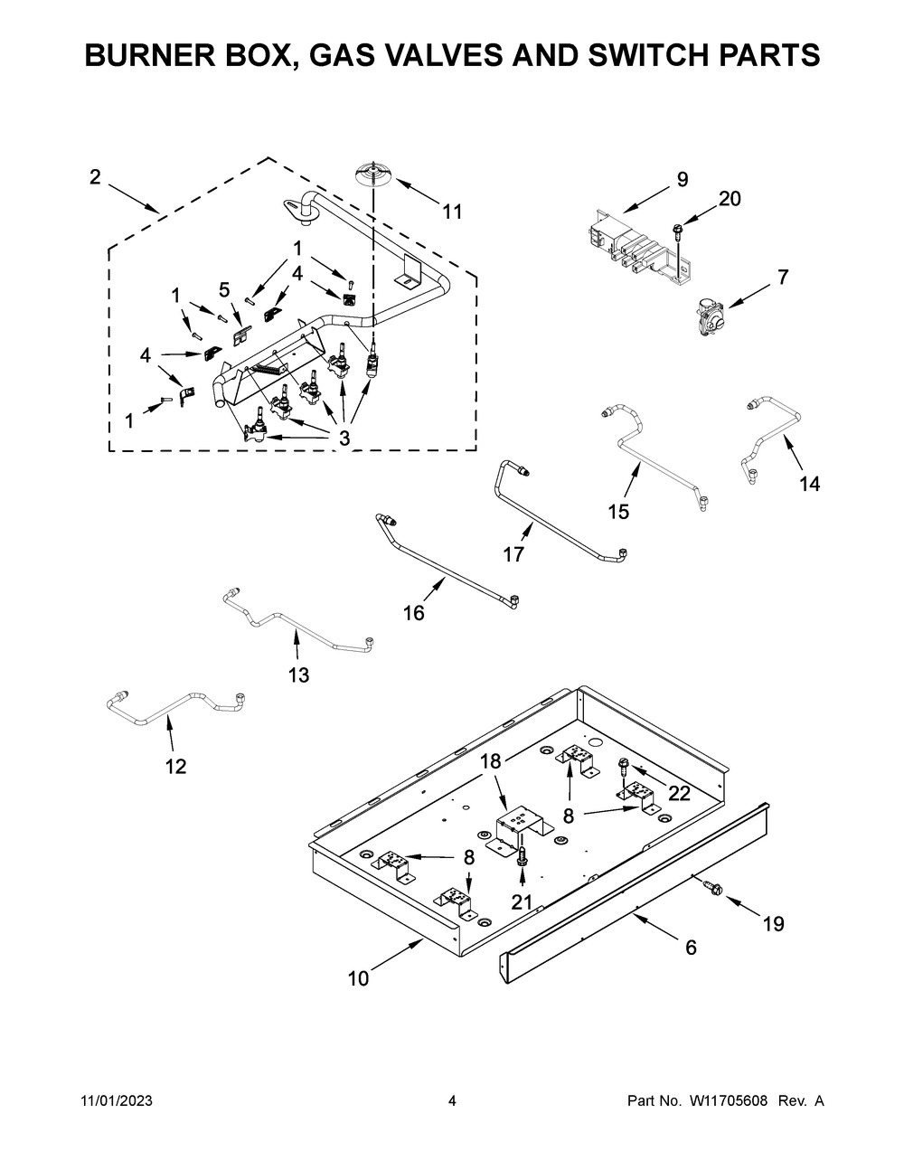 Burner Box, Gas Valves And Switch Parts Diagram and Parts List for KCGS350ESS06  KitchenAid Cooktop