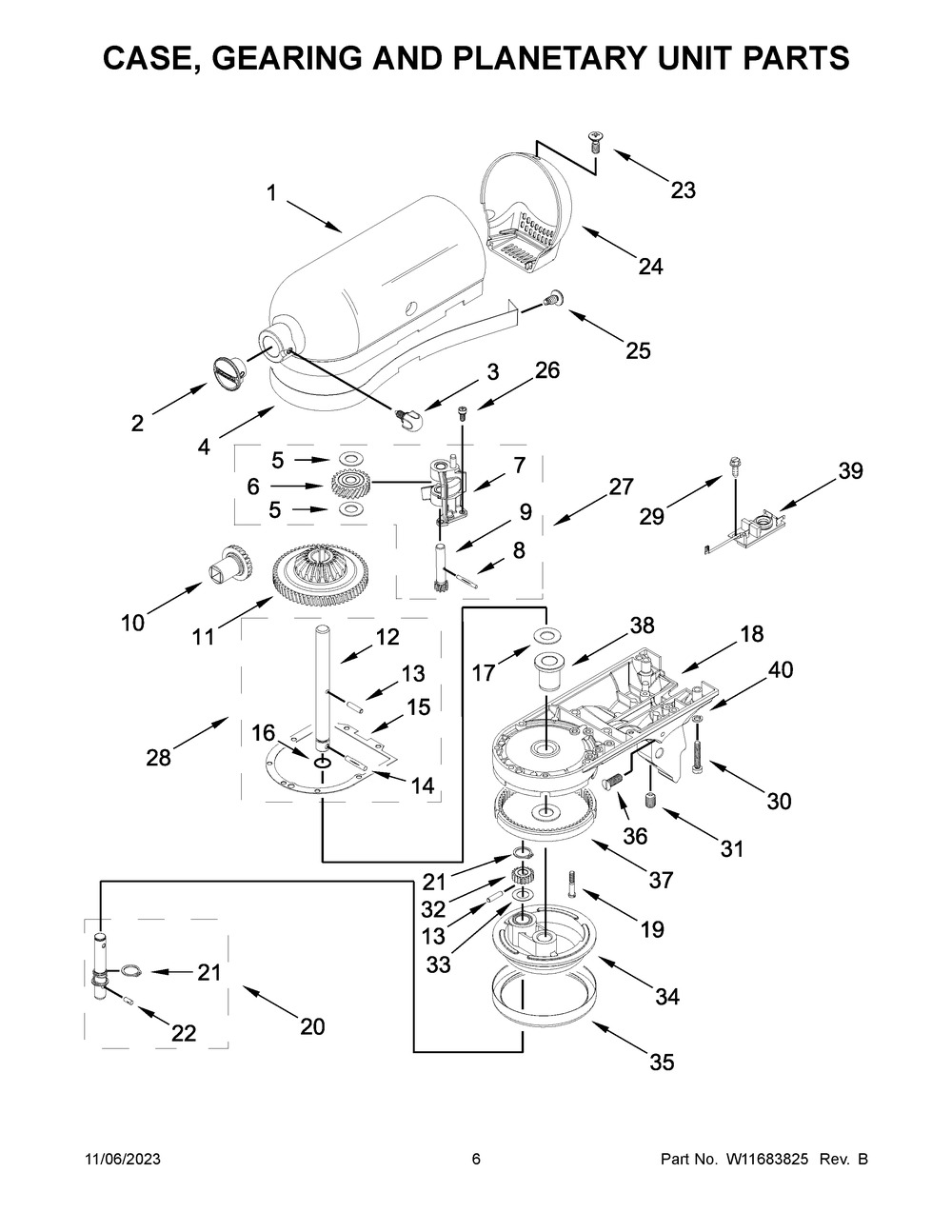 Case, Gearing And Planetary Unit Parts Diagram and Parts List for 5KSM175PSECU5  KitchenAid Mixer