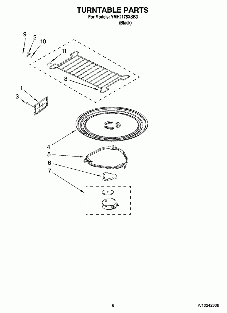 TURNTABLE PARTS Diagram and Parts List for YMH2175XSB3  Whirlpool Microwave