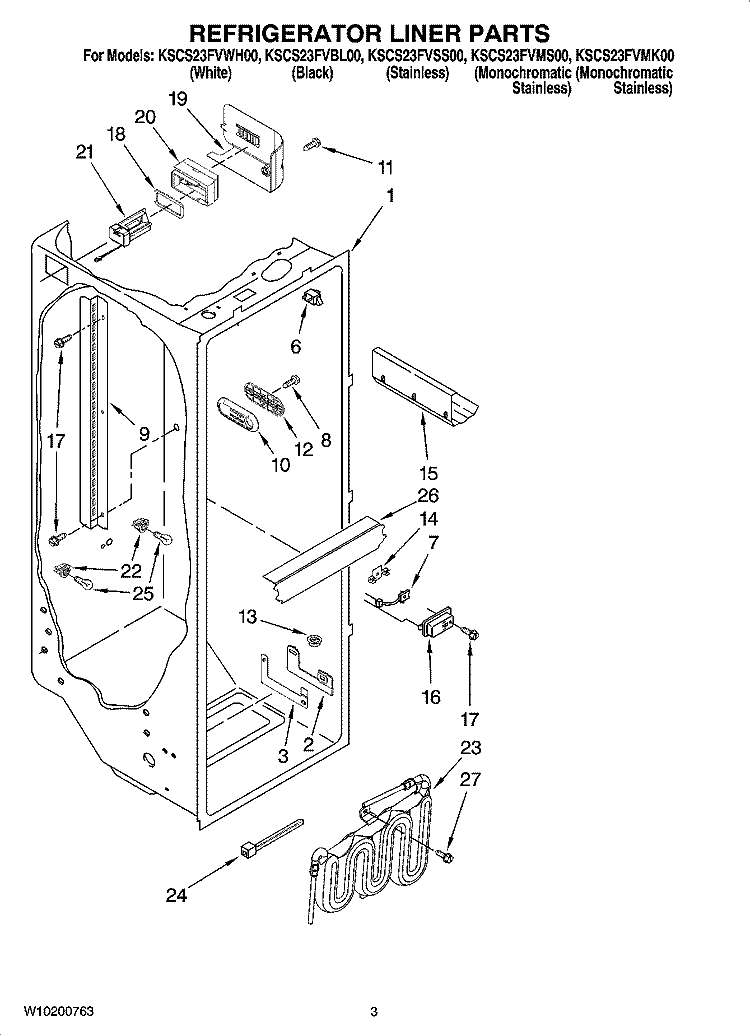 REFRIGERATOR LINER PARTS Diagram and Parts List for KSCS23FVBL00  KitchenAid Refrigerator