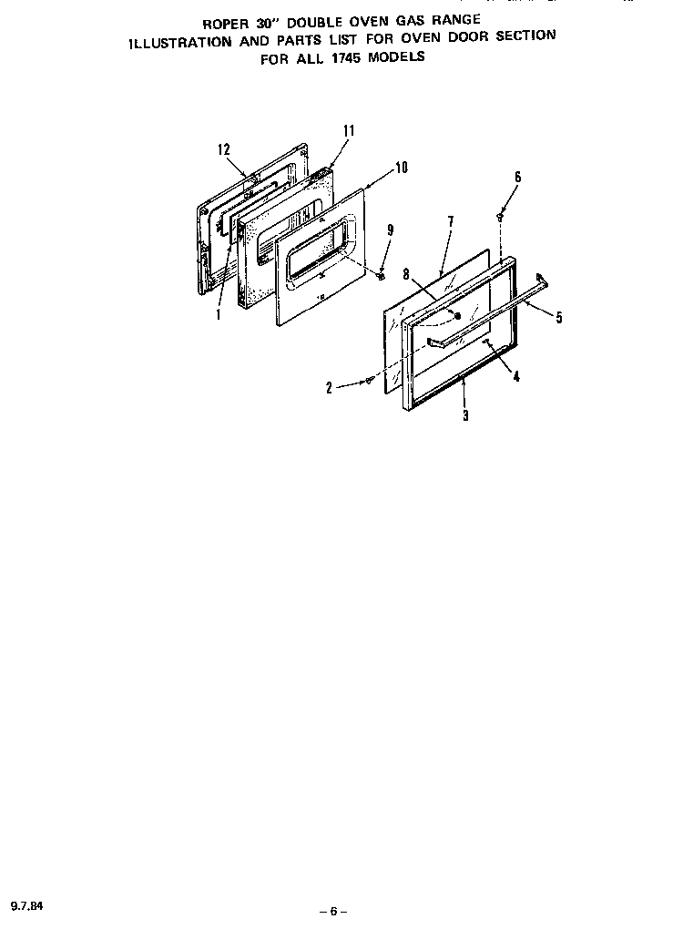 Oven Door Diagram and Parts List for 1745*0A  Roper Range