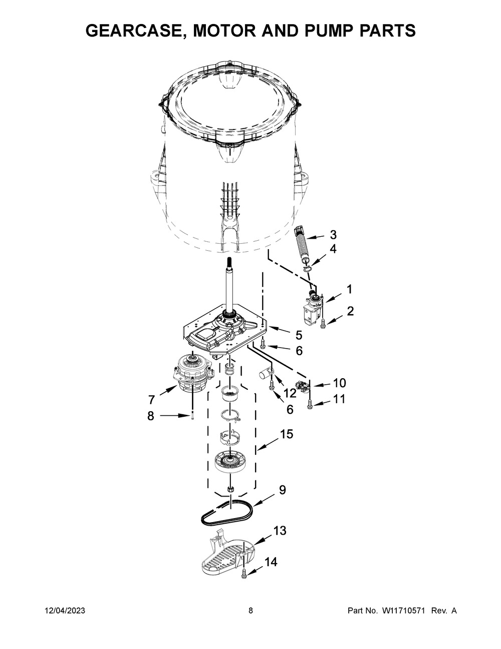 Gearcase, Motor And Pump Parts Diagram and Parts List for 1CWTW4815EW3  Whirlpool Washer