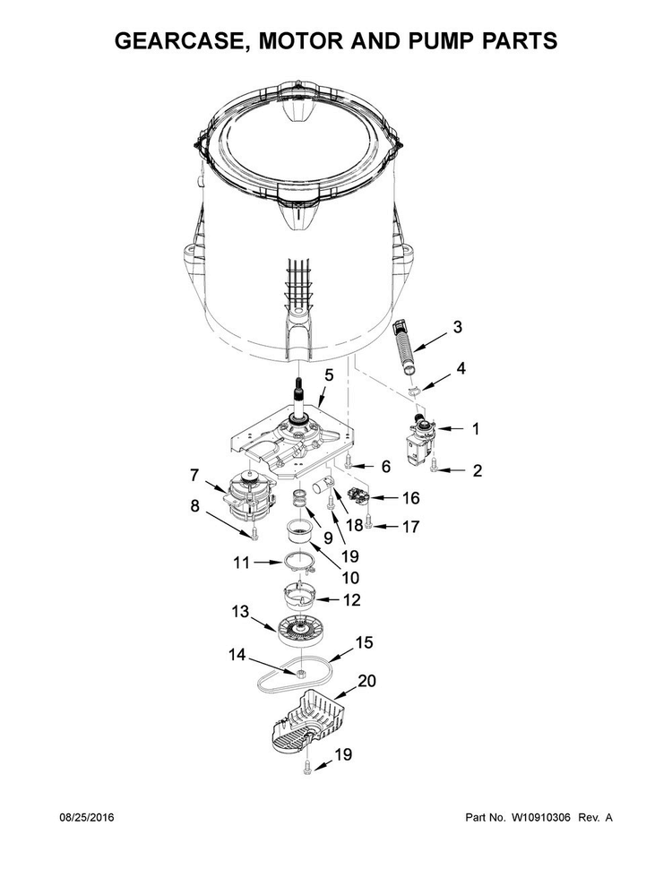 Gearcase, Motor And Pump Parts Diagram and Parts List for ITW4971EW1  Inglis Washer