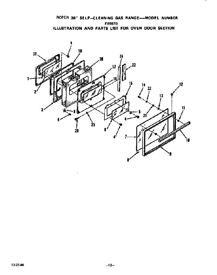Oven Door Diagram and Parts List for F8957*0  Roper Range