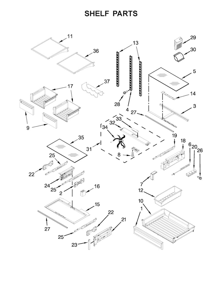 Shelf Parts Diagram and Parts List for KFIS29PBMS03  KitchenAid Refrigerator