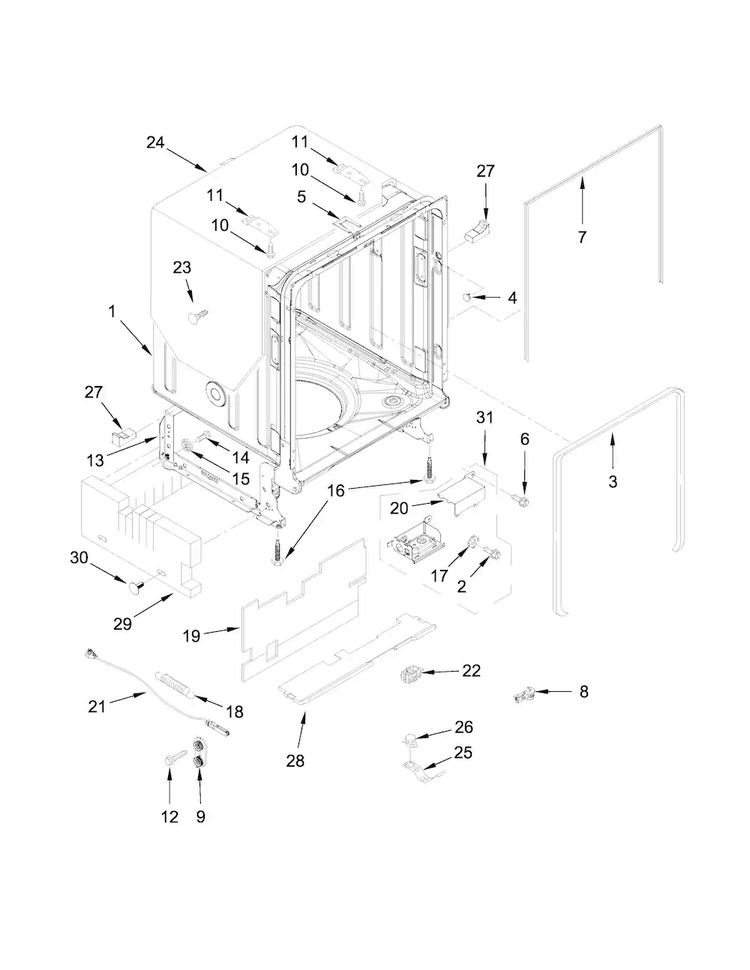 Tub And Frame Parts Diagram and Parts List for KDTM354DSS3  KitchenAid Dishwasher