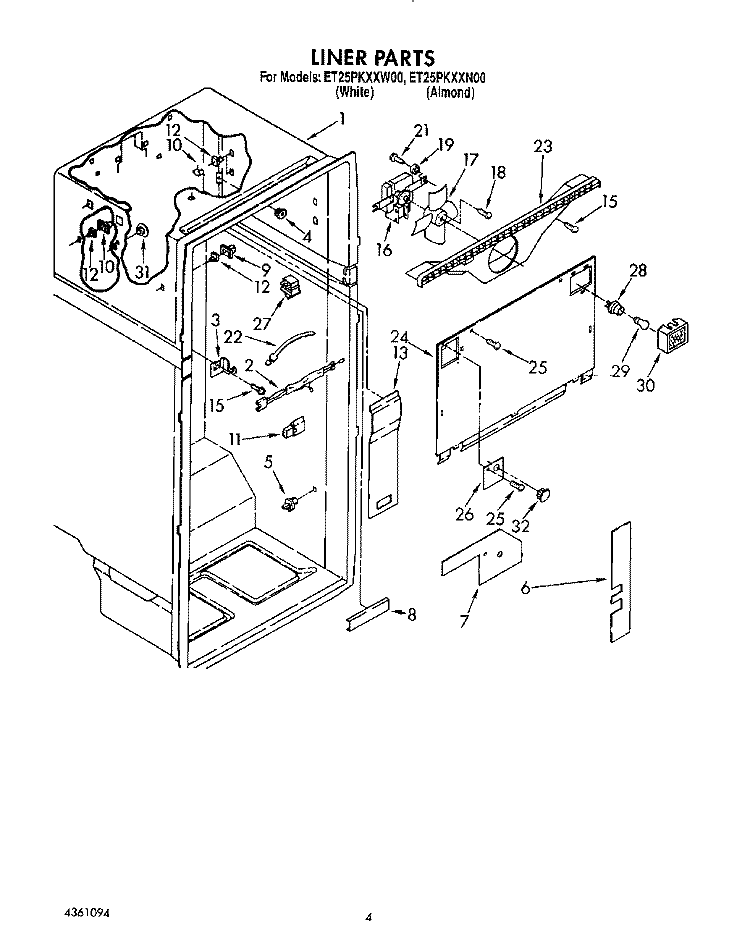 LINER Diagram and Parts List for ET25PKXXN00  Whirlpool Refrigerator