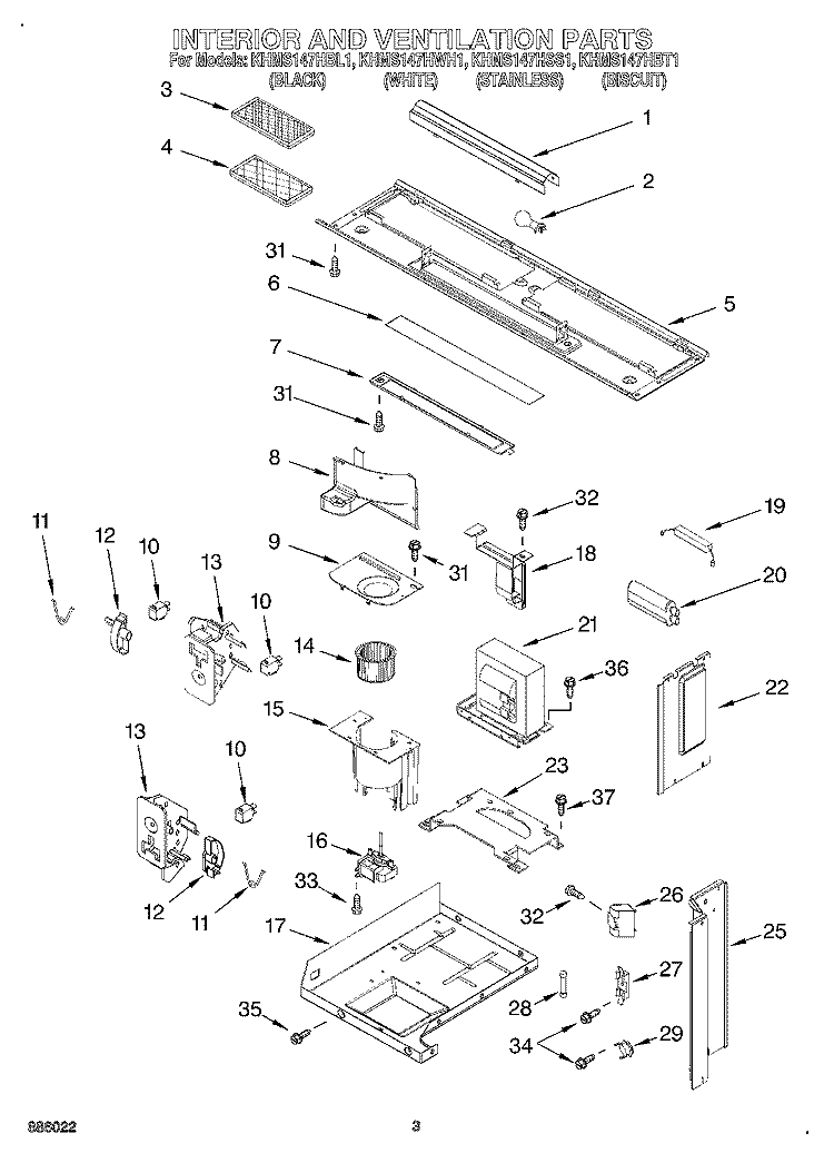 INTERIOR AND VENTILATION Diagram and Parts List for KHMS147HBL1  KitchenAid Microwave