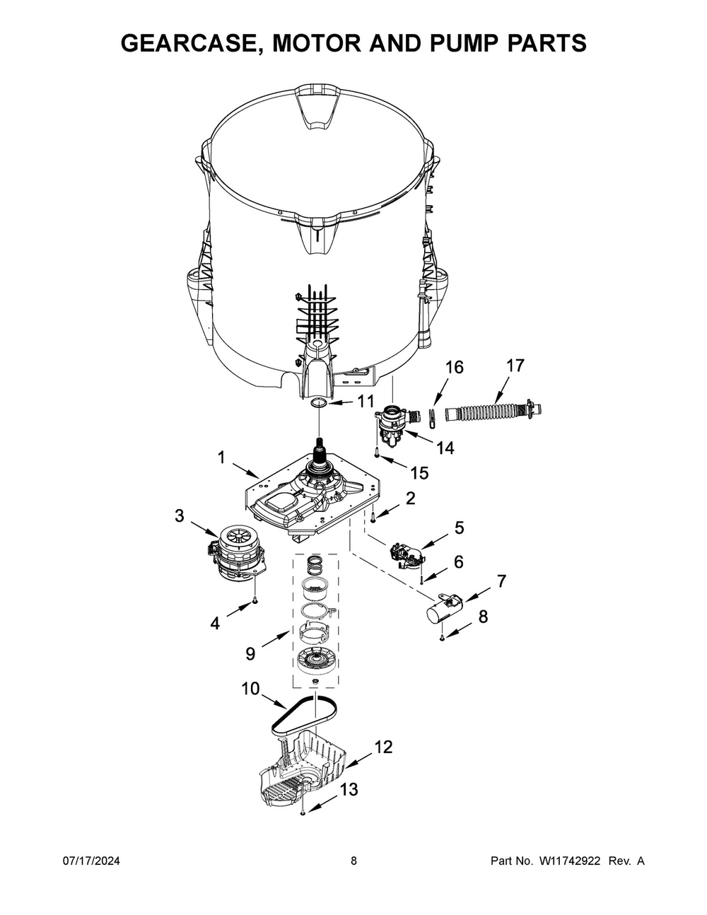 05 - Gearcase, Motor And Pump Parts Diagram and Parts List for 8TWTW5010PW1  Whirlpool Washer