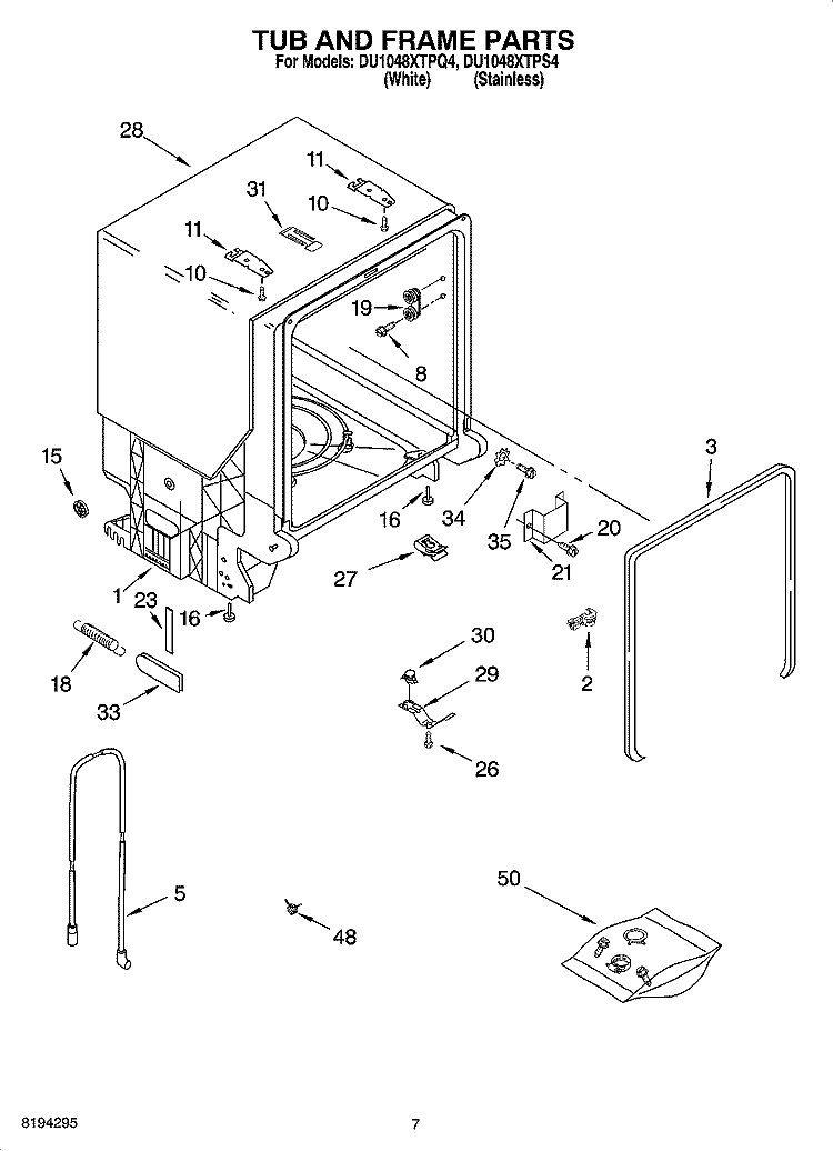TUB AND FRAME PARTS Diagram and Parts List for DU1048XTPS4  Whirlpool Dishwasher