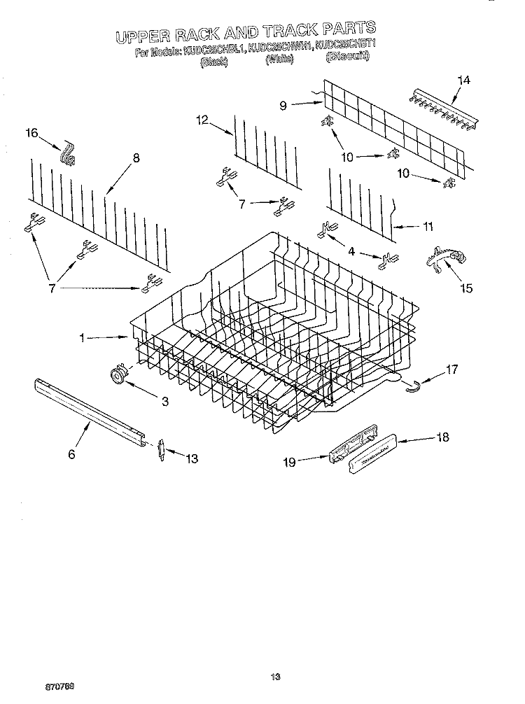 UPPER RACK AND TRACK Diagram and Parts List for KUDC25CHBT1  KitchenAid Dishwasher