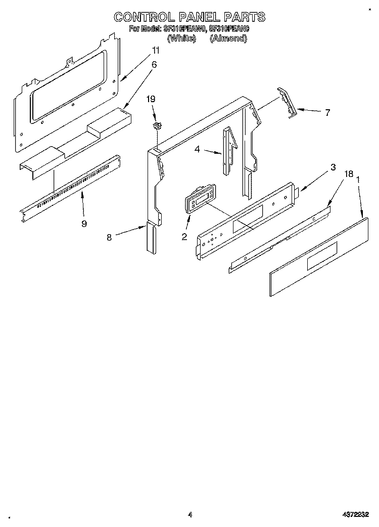 CONTROL PANEL Diagram and Parts List for SF310PEAW0  Whirlpool Range