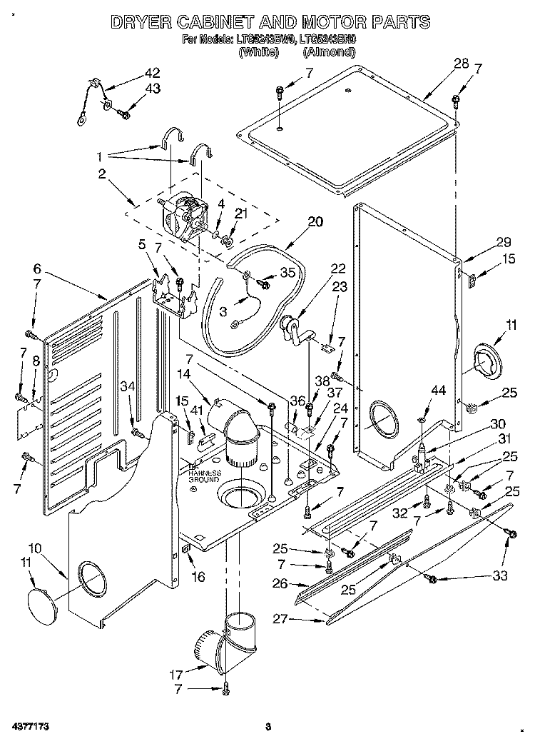 DRYER CABINET AND MOTOR Diagram and Parts List for LTG5243BW0  Whirlpool Washer Dryer Combo