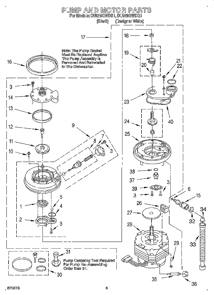 PUMP AND MOTOR Diagram and Parts List for DU929QWDB1  Whirlpool Dishwasher