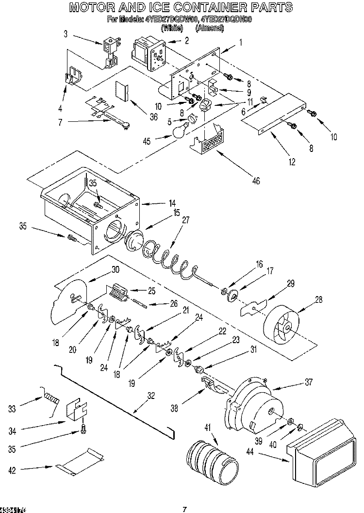 MOTOR AND ICE CONTAINER Diagram and Parts List for 4YED27DQDW00  Whirlpool Refrigerator