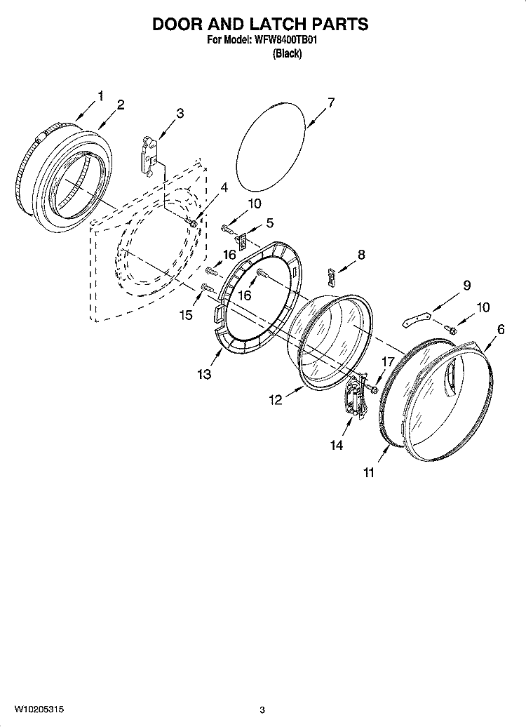 DOOR AND LATCH PARTS Diagram and Parts List for WFW8400TB01  Whirlpool Washer