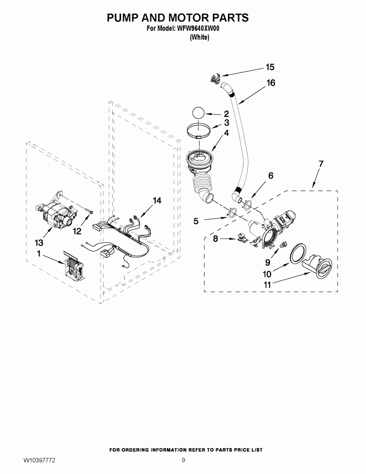 PUMP AND MOTOR PARTS Diagram and Parts List for WFW9640XW00  Whirlpool Washer