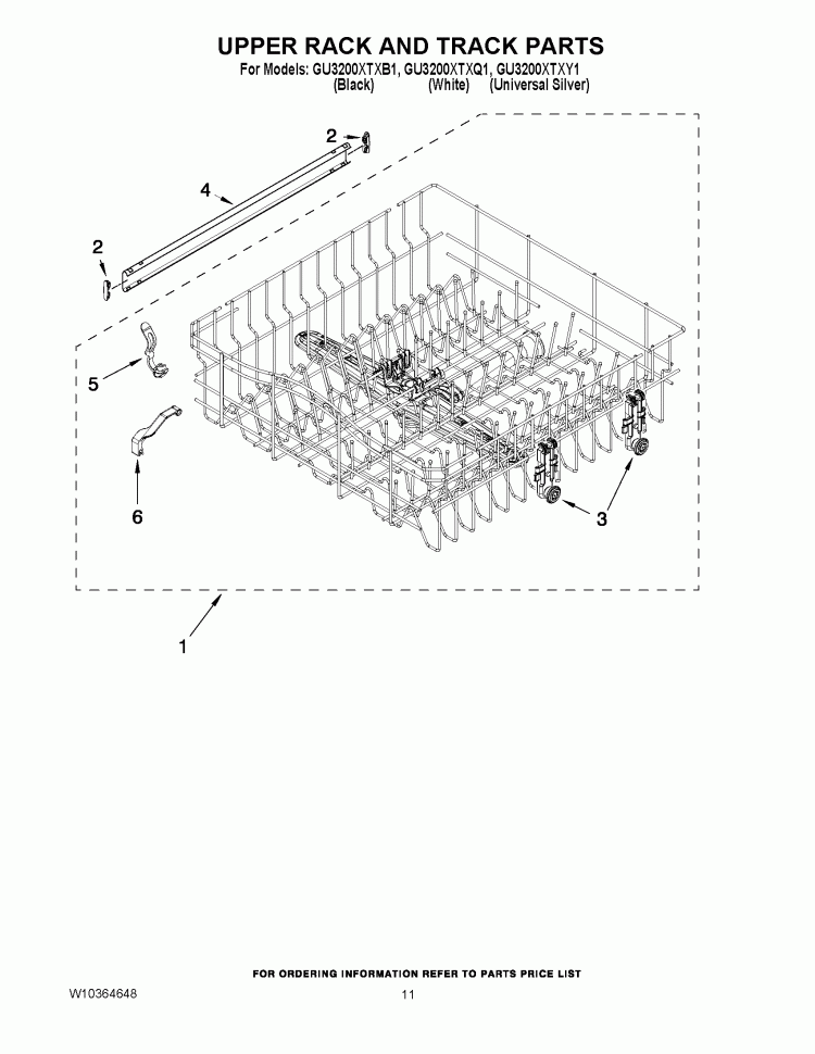 UPPER RACK AND TRACK PARTS Diagram and Parts List for GU3200XTXQ1  Whirlpool Dishwasher