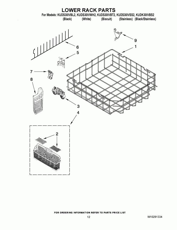 LOWER RACK PARTS Diagram and Parts List for KUDK30IVBS2  Whirlpool Dishwasher