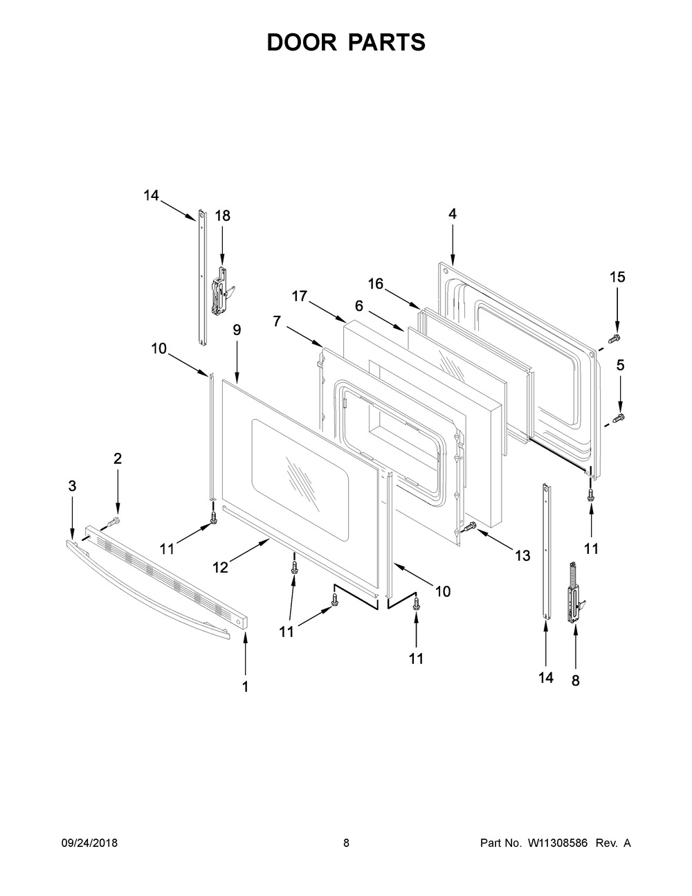 Door Parts Diagram and Parts List for WFE515S0EB2  Whirlpool Range