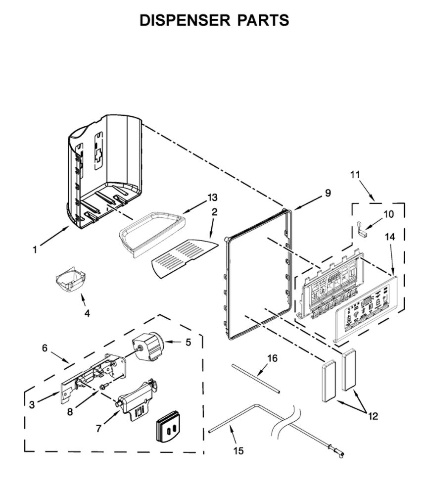 Dispenser Parts Diagram and Parts List for WRSA71CIHN01  Whirlpool Refrigerator