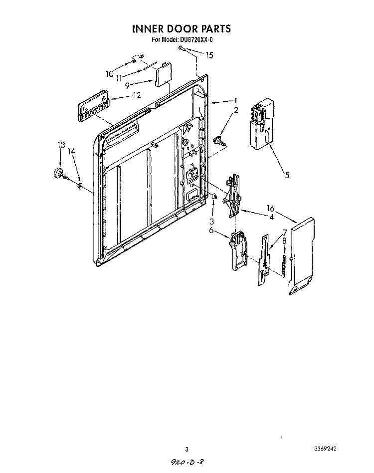 INNER DOOR Diagram and Parts List for DU8720XX0  Whirlpool Dishwasher