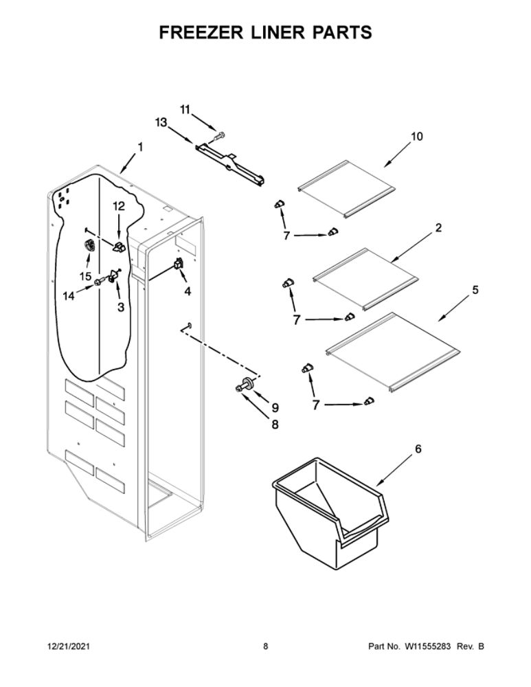 Freezer Liner Parts Diagram and Parts List for 10651752717  Kenmore Refrigerator