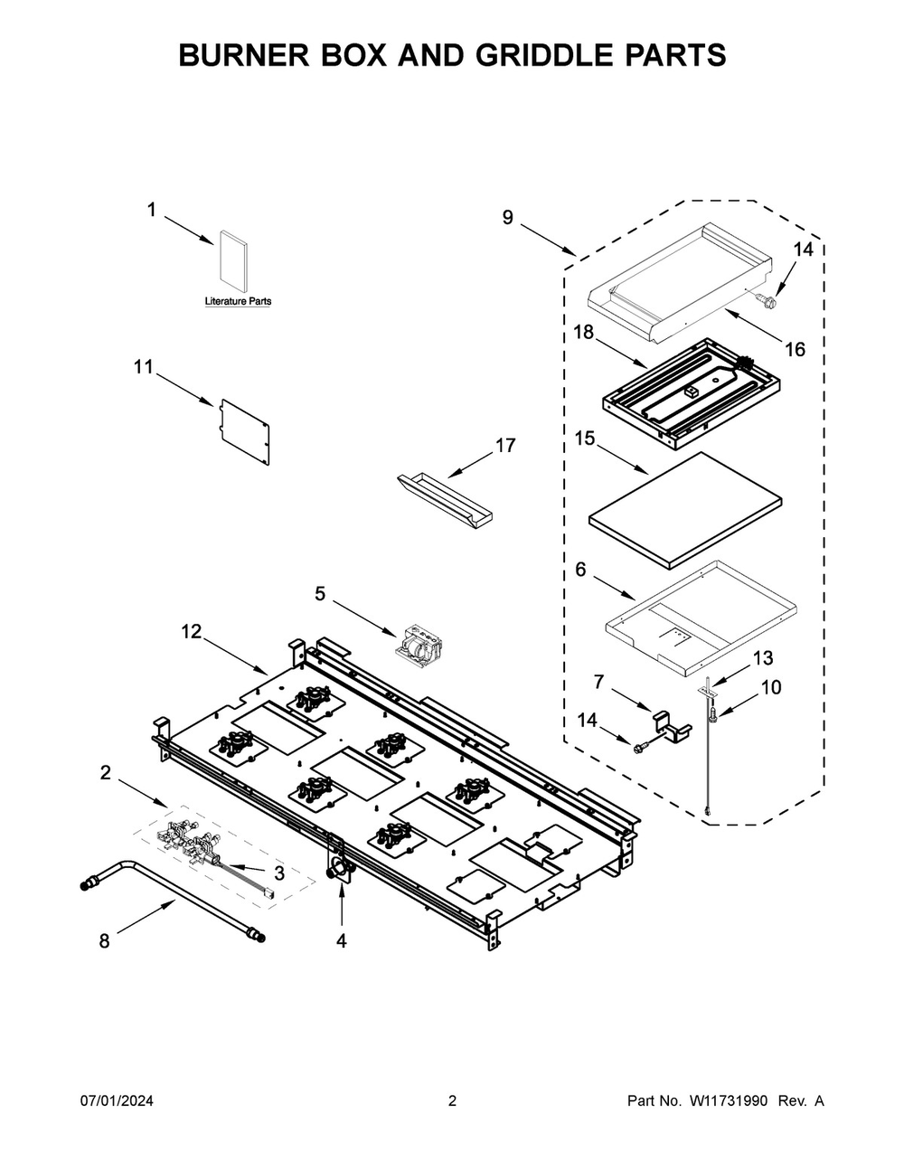 02 - Burner Box And Griddle Parts Diagram and Parts List for KFGC558JMB07  Whirlpool Range