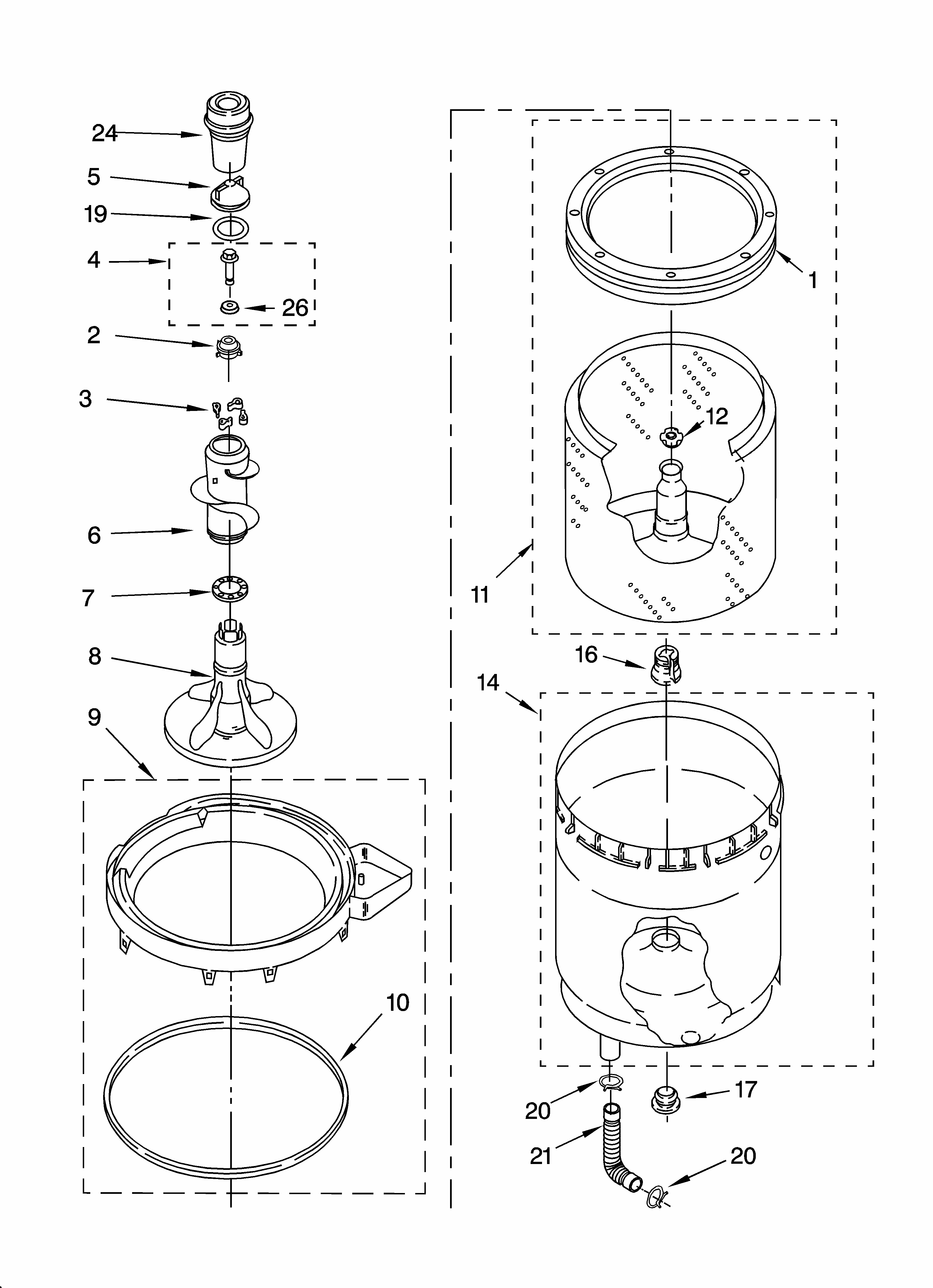 Agitator, Basket And Tub Parts Diagram and Parts List for 11084764301  Kenmore Washer Dryer Combo