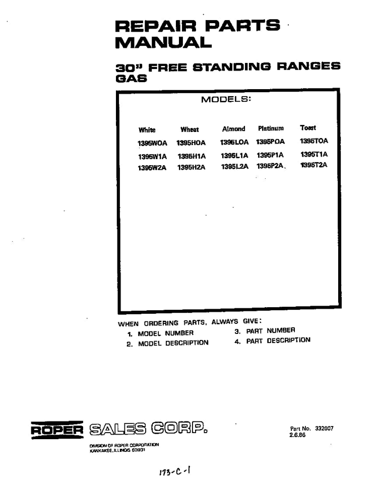 Cover Page-text Only Diagram and Parts List for 1395*1A  Roper Range