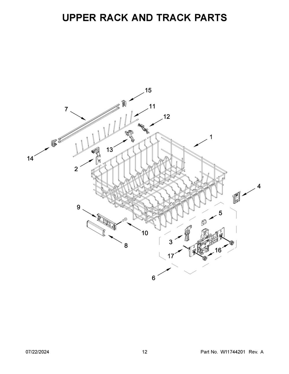 07 - Upper Rack And Track Parts Diagram and Parts List for KDPM604KBS3  Whirlpool Dishwasher