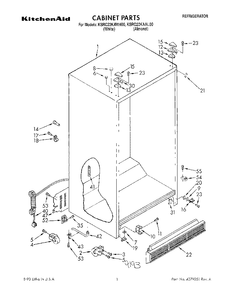 CABINET Diagram and Parts List for KSRC22KAAL00  KitchenAid Refrigerator