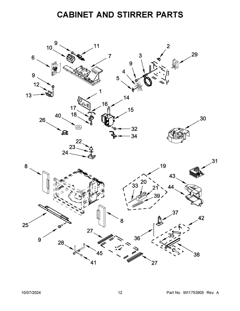 07 - Cabinet And Stirrer Parts Diagram and Parts List for KOEC527PBS01  Whirlpool Microwave Oven Combo